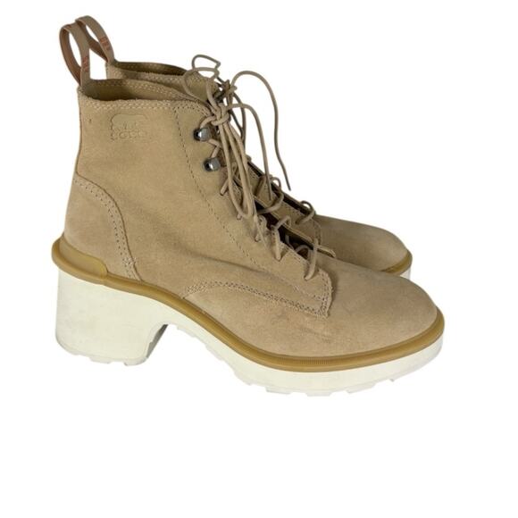 Sorel Hi-Line Ceramic/Chalk Suede Block Heel Lace Up Chunky Boot Size 8.5 - Picture 1 of 8